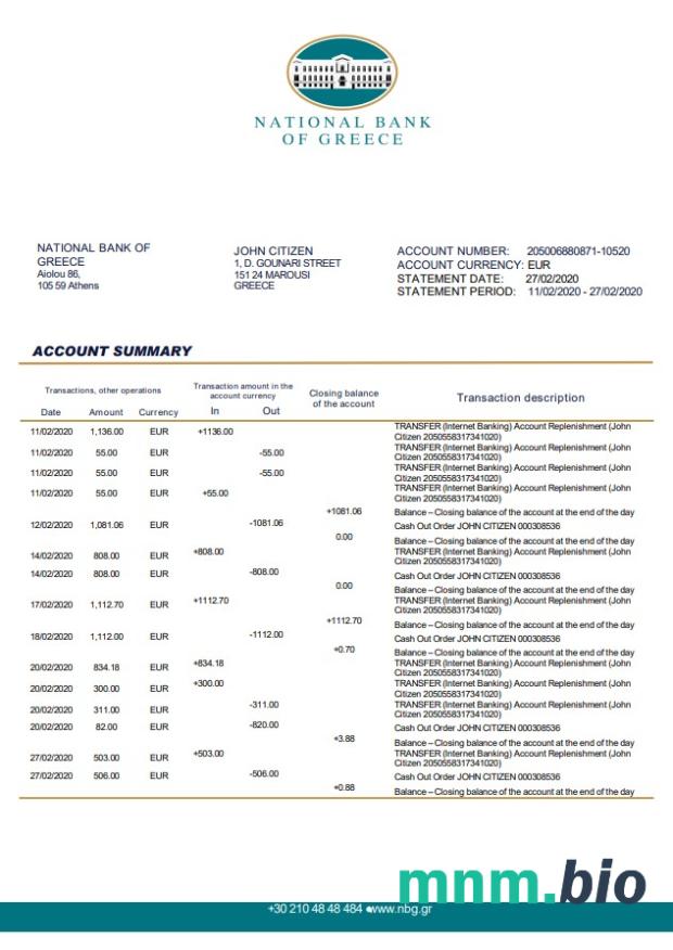Grecki Narodowy Bank Grecji szablon wyciągu bankowego w .xls i .format pliku pdf
